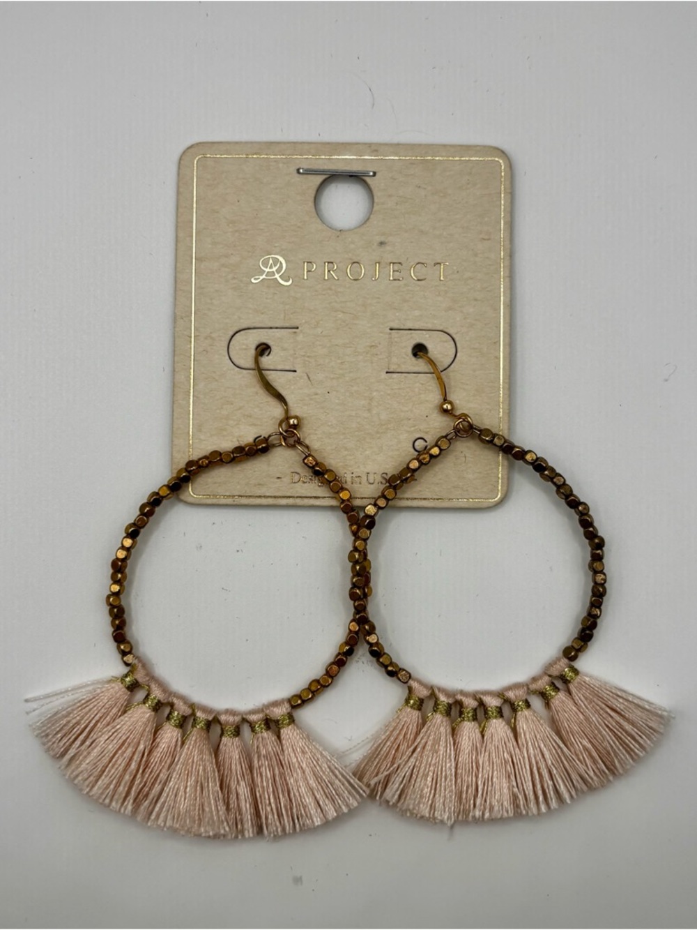 A Project Gold Beaded Hoop Earrings with Blush Tassels